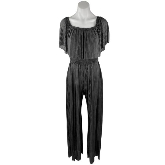 New Look Black Layered Flutter Sleeve Off The Shoulder Wide Leg Jumpsuit Size 6 - Picture 1 of 4